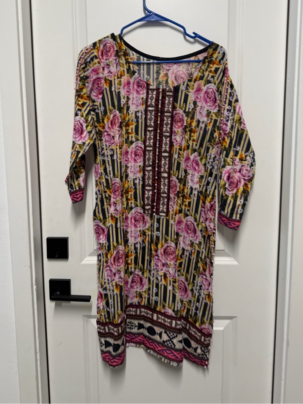Pakistani Floral Printed Kurta | Pink Rose Print | Traditional Desi Tunic